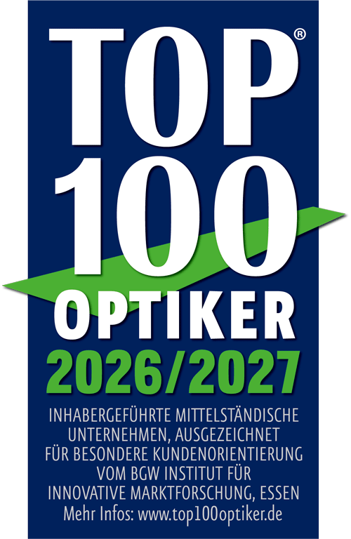 Logo "Top 100 Optiker 2024/2025" in Weiß auf dunkelblauem Hintergrund
